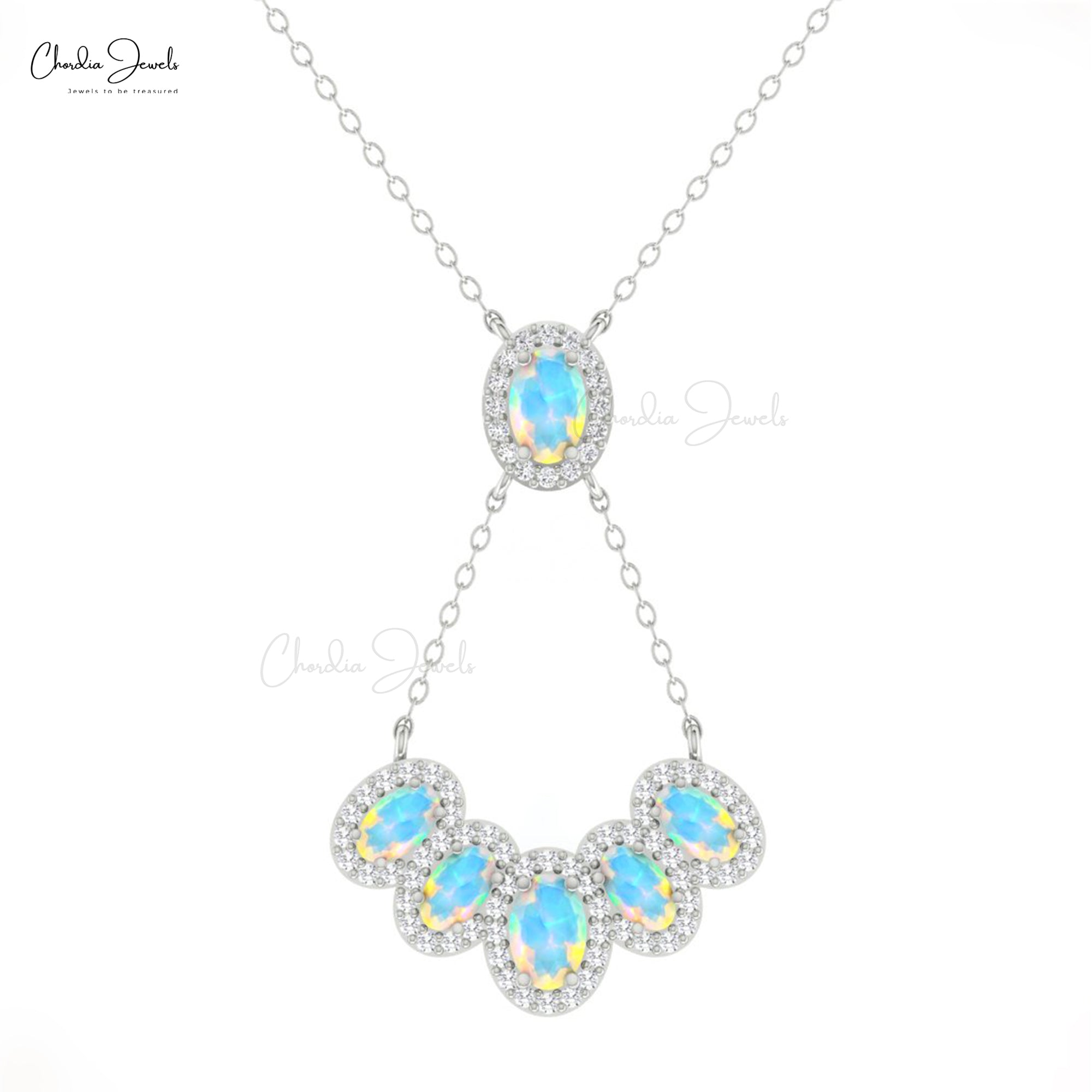 AAA Fire Opal Multi Halo Y Necklace In 14k Solid Gold Diamond Clutser Hallmarked Jewelry