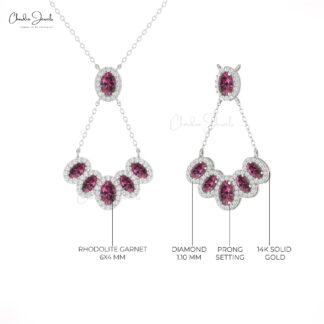Dual Birthstone Chain Necklace In 14k Gold Rhodolite Garnet Multi Halo Diamond Necklaces