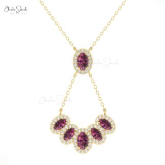 Dual Birthstone Chain Necklace In 14k Gold Rhodolite Garnet Multi Halo Diamond Necklaces