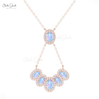 Multi Halo Rainbow Moonstone Necklace With G-H Diamond 14k Pure Gold Cluster Fine Jewelry