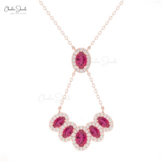 Oval Pink Tourmaline Cluster Necklace In 14k Real Gold Multi Halo Diamond Chain Necklaces