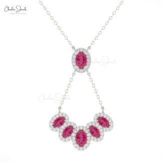 Oval Pink Tourmaline Cluster Necklace In 14k Real Gold Multi Halo Diamond Chain Necklaces
