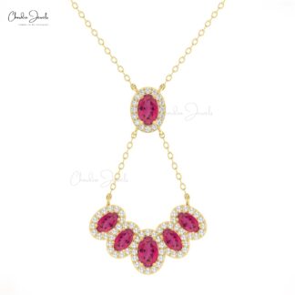 Oval Pink Tourmaline Cluster Necklace In 14k Real Gold Multi Halo Diamond Chain Necklaces