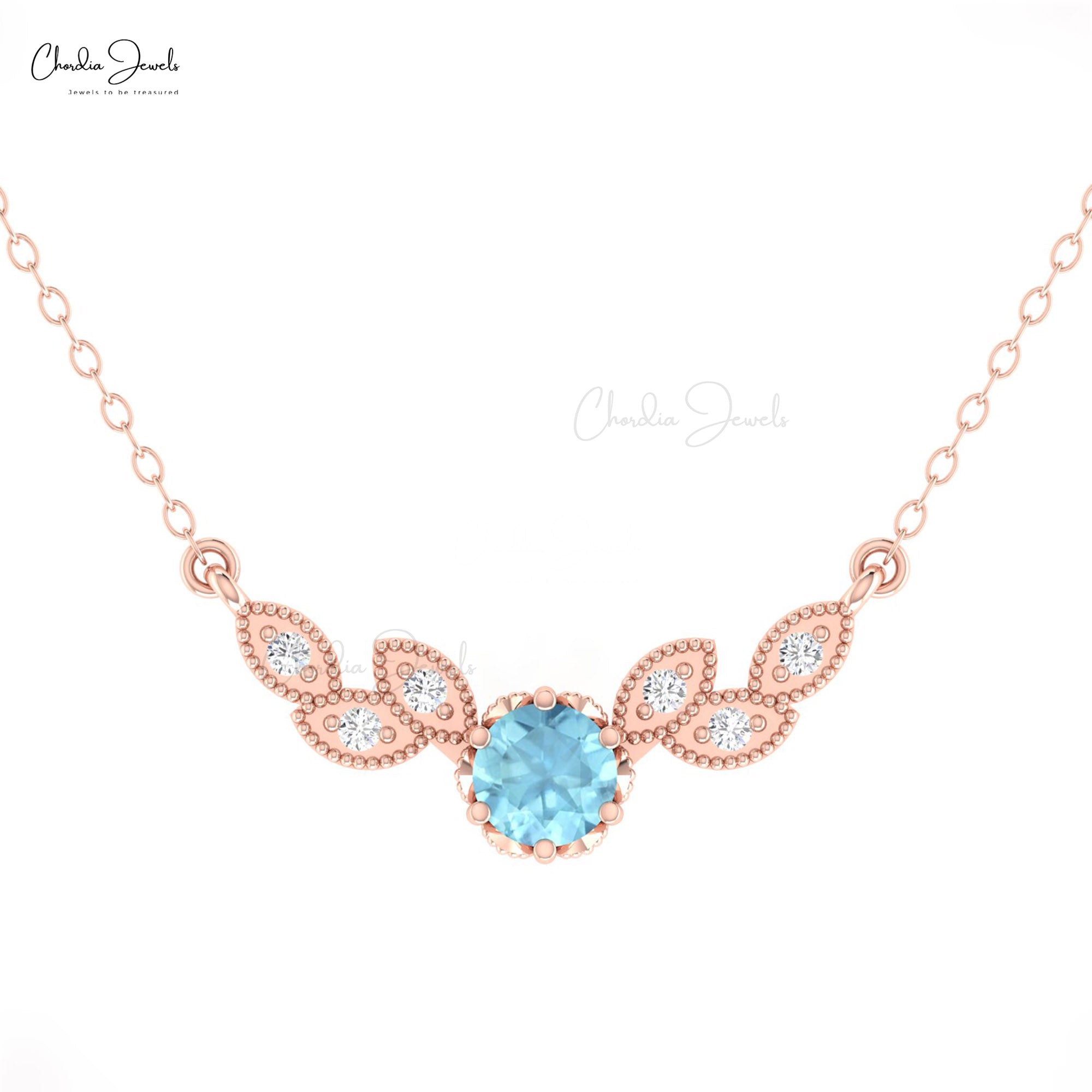 Leaf Style Floral Necklace With 5mm Aquamarine And Diamond 14k Gold Chain Necklaces