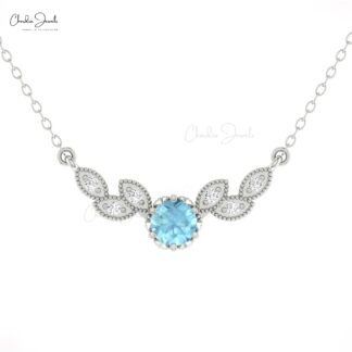 Leaf Style Floral Necklace With 5mm Aquamarine And Diamond 14k Gold Chain Necklaces
