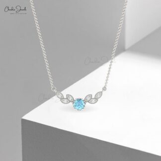 Leaf Style Floral Necklace With 5mm Aquamarine And Diamond 14k Gold Chain Necklaces