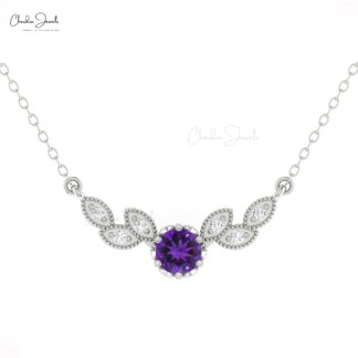 Round Amethyst Angle Wing Necklace In Pure 14k Gold Diamond Dainty Chain Floral Necklaces