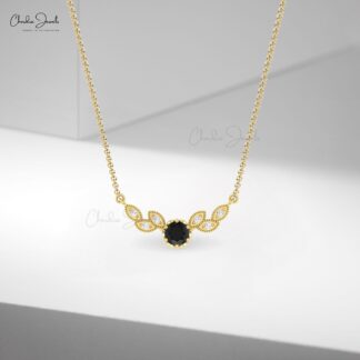 Diamond Wings Chain Necklace With 5mm Round Black Diamond Floral Necklaces In 14k Gold