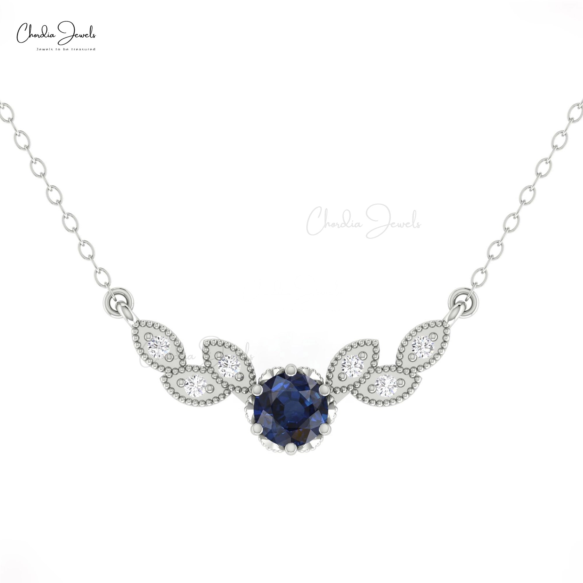 Solid 14k Gold Diamond Wings Necklace With 5mm Blue Sapphire Thin Chain Wedding Necklace