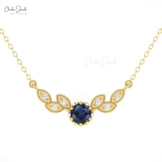 Solid 14k Gold Diamond Wings Necklace With 5mm Blue Sapphire Thin Chain Wedding Necklace