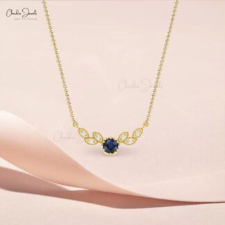 Solid 14k Gold Diamond Wings Necklace With 5mm Blue Sapphire Thin Chain Wedding Necklace
