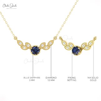 Solid 14k Gold Diamond Wings Necklace With 5mm Blue Sapphire Thin Chain Wedding Necklace