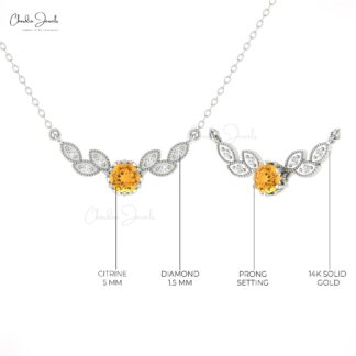 Dual Birthstone Leaf Necklace With 5mm Citrine And Diamond 14k Solid Gold Floral Necklaces