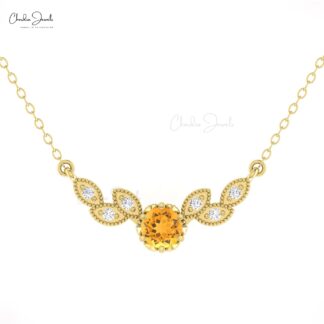 Dual Birthstone Leaf Necklace With 5mm Citrine And Diamond 14k Solid Gold Floral Necklaces