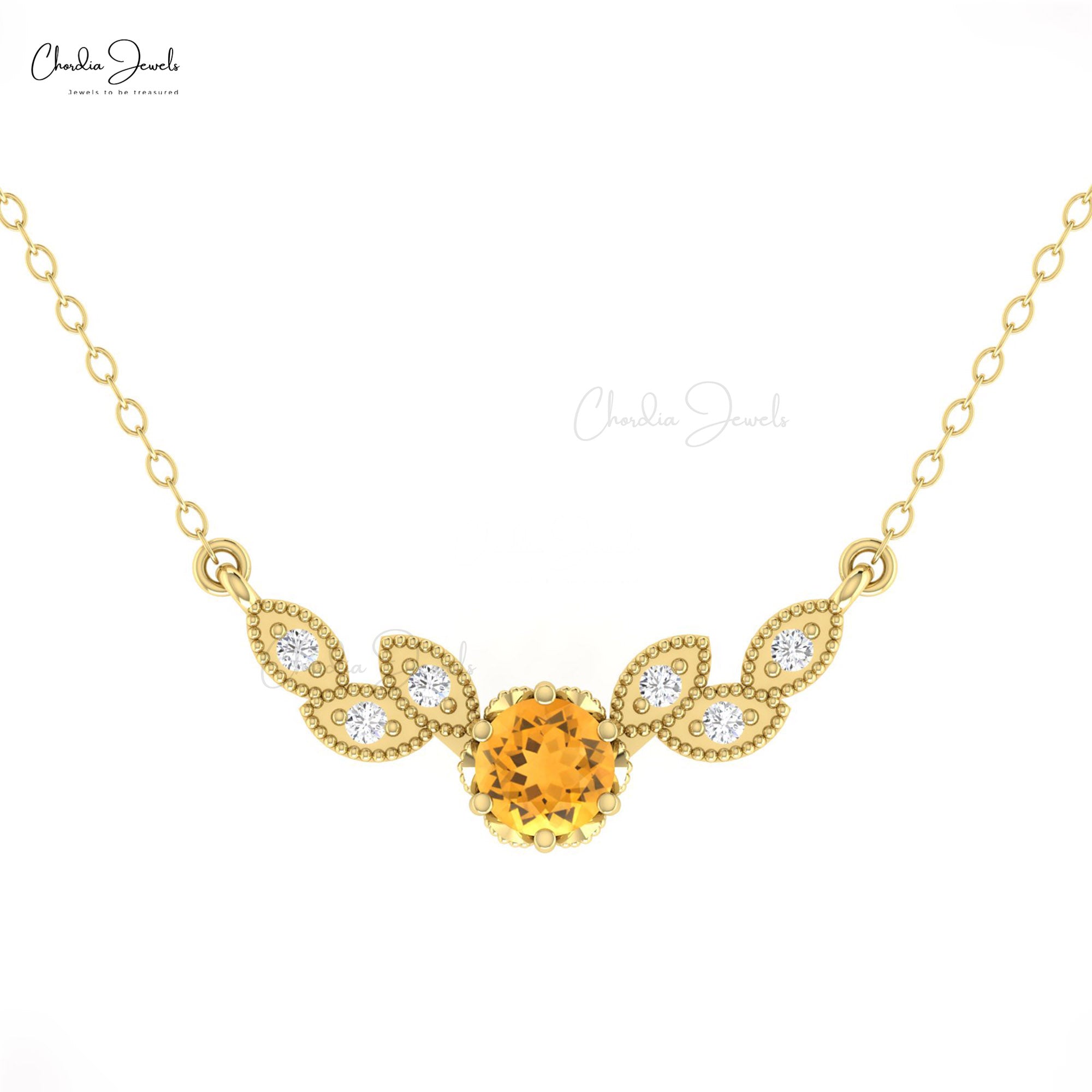Dual Birthstone Leaf Necklace With 5mm Citrine And Diamond 14k Solid Gold Floral Necklaces