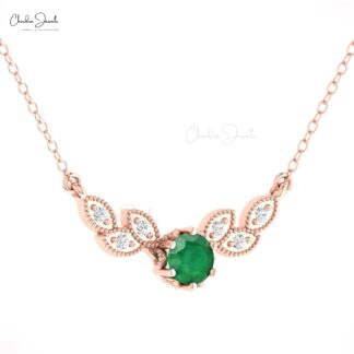 Round Cut Floral Necklace In Real 14k Gold Emerald And Diamond Chain Necklace For Mom