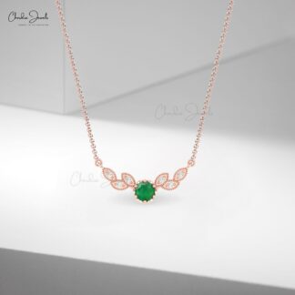 Round Cut Floral Necklace In Real 14k Gold Emerald And Diamond Chain Necklace For Mom