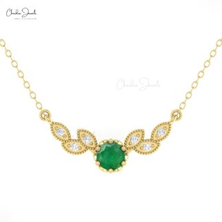 Round Cut Floral Necklace In Real 14k Gold Emerald And Diamond Chain Necklace For Mom