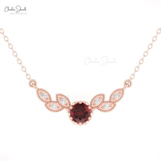 Miligrain Diamond Leaf Necklace With 0.45 Ct Garnet 14k Real Gold Daughter Necklaces