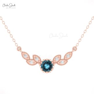 Pure 14k Gold Diamond Wings Necklace With 5mm London Blue Topaz Floral Chain Necklaces