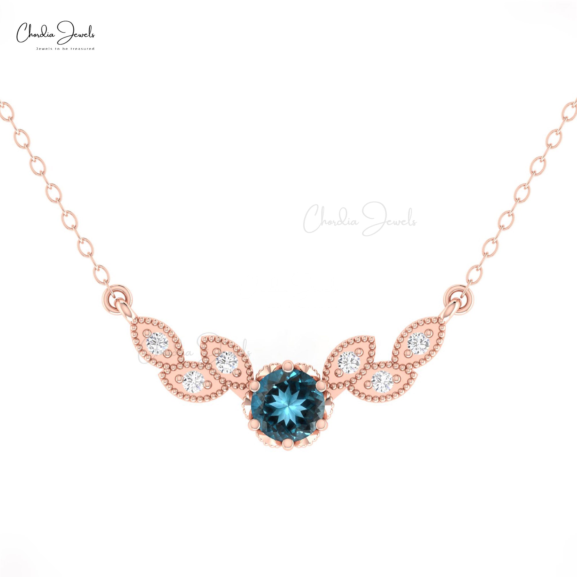 Pure 14k Gold Diamond Wings Necklace With 5mm London Blue Topaz Floral Chain Necklaces