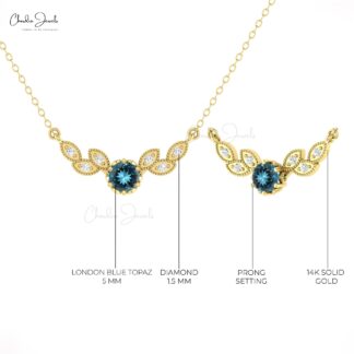 Pure 14k Gold Diamond Wings Necklace With 5mm London Blue Topaz Floral Chain Necklaces