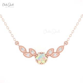 Seven Stone Floral Necklace With 5mm Fire Opal Diamond Wings Necklaces In 14k Pure Gold