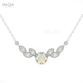 Seven Stone Floral Necklace With 5mm Fire Opal Diamond Wings Necklaces In 14k Pure Gold