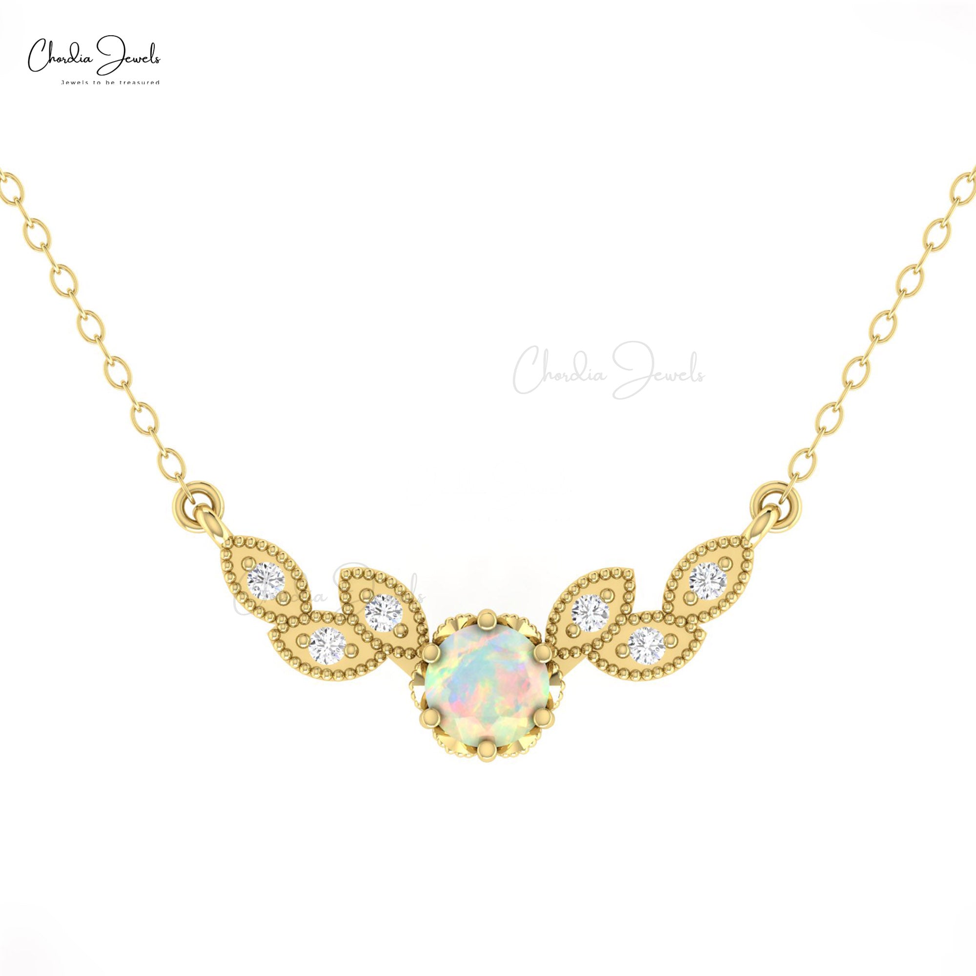 Seven Stone Floral Necklace With 5mm Fire Opal Diamond Wings Necklaces In 14k Pure Gold