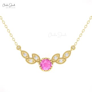 Miligrain Floral Chain Necklace In 14k Pure Gold Pink Sapphire And Pave Diamond Necklaces