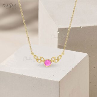Miligrain Floral Chain Necklace In 14k Pure Gold Pink Sapphire And Pave Diamond Necklaces