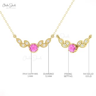Miligrain Floral Chain Necklace In 14k Pure Gold Pink Sapphire And Pave Diamond Necklaces