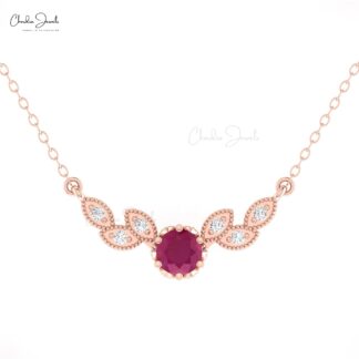 Floral Diamond Chain Necklace With 5mm Burma Ruby Gemstone 14k Pure Gold 7 Stone Necklaces