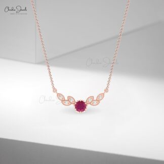 Floral Diamond Chain Necklace With 5mm Burma Ruby Gemstone 14k Pure Gold 7 Stone Necklaces