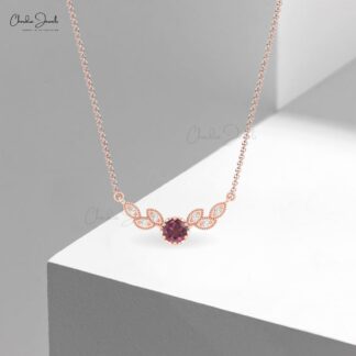 Real 14k Gold Diamond Wings Necklace With 5mm Rhodolite Garnet Floral Chain Necklaces