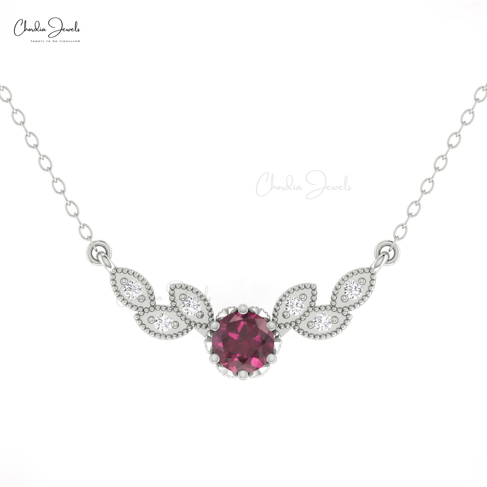 Real 14k Gold Diamond Wings Necklace With 5mm Rhodolite Garnet Floral Chain Necklaces