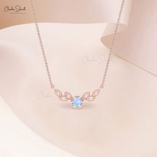 AAA Rainbow Moonstone Floral Necklace In 14k Real Gold Diamond Handmade Jewelry For Her