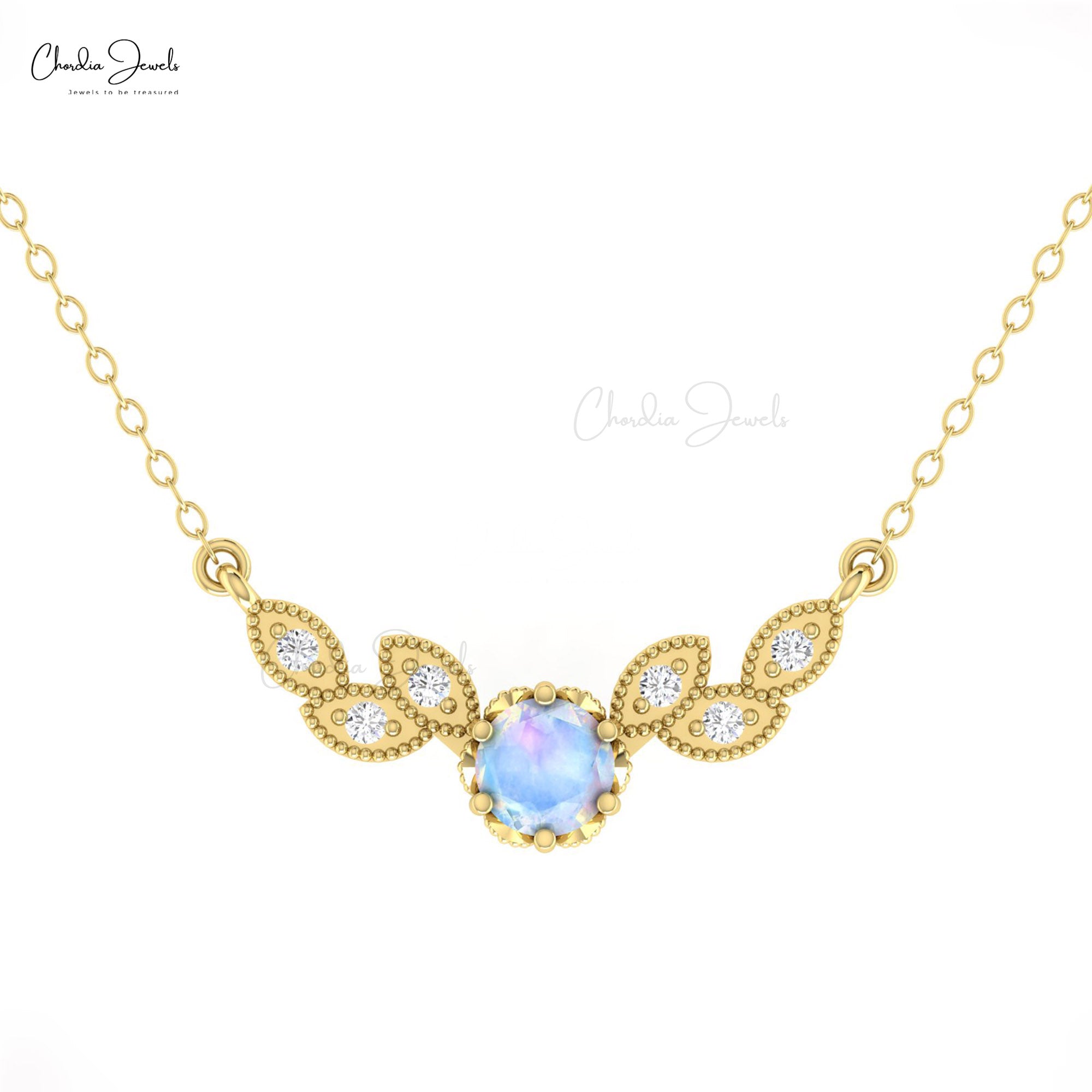 AAA Rainbow Moonstone Floral Necklace In 14k Real Gold Diamond Handmade Jewelry For Her