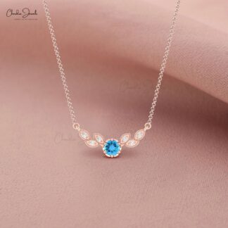 Natural Swiss Blue Topaz Floral Necklace In 14k Pure Gold Diamond Hallmark Wings Jewelry