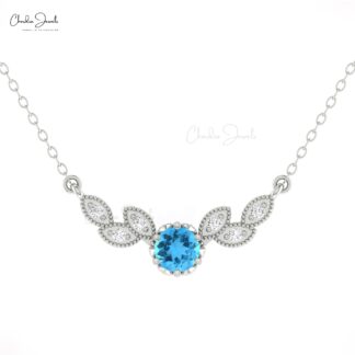 Natural Swiss Blue Topaz Floral Necklace In 14k Pure Gold Diamond Hallmark Wings Jewelry