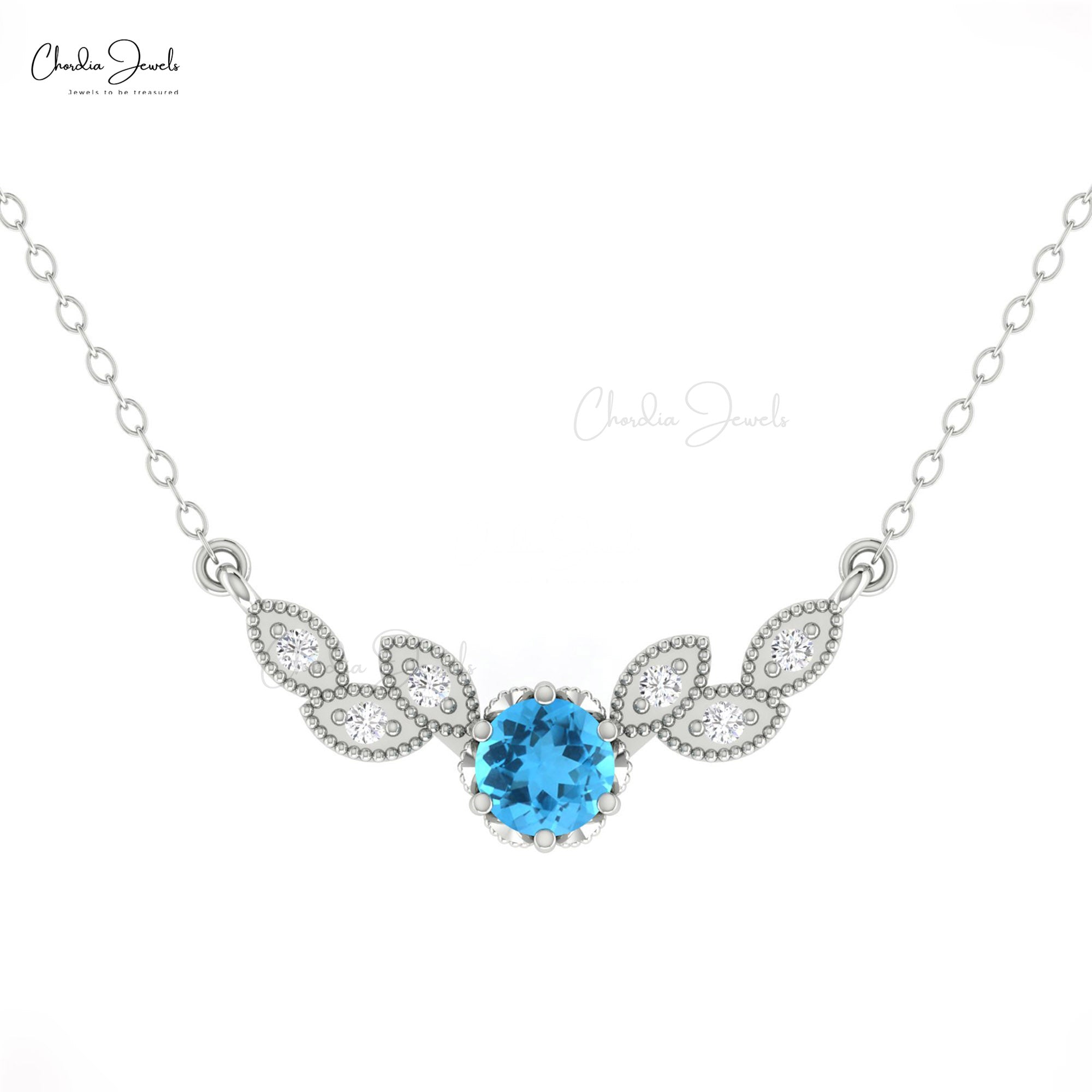 Natural Swiss Blue Topaz Floral Necklace In 14k Pure Gold Diamond Hallmark Wings Jewelry