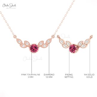 Angel Wings Diamond Necklace In 14k Real Gold Pink Tourmaline Floral Chain Necklaces