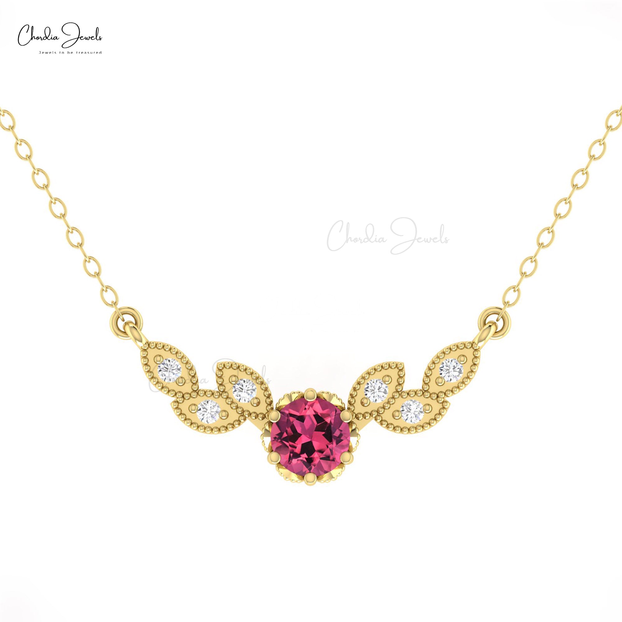 Angel Wings Diamond Necklace In 14k Real Gold Pink Tourmaline Floral Chain Necklaces