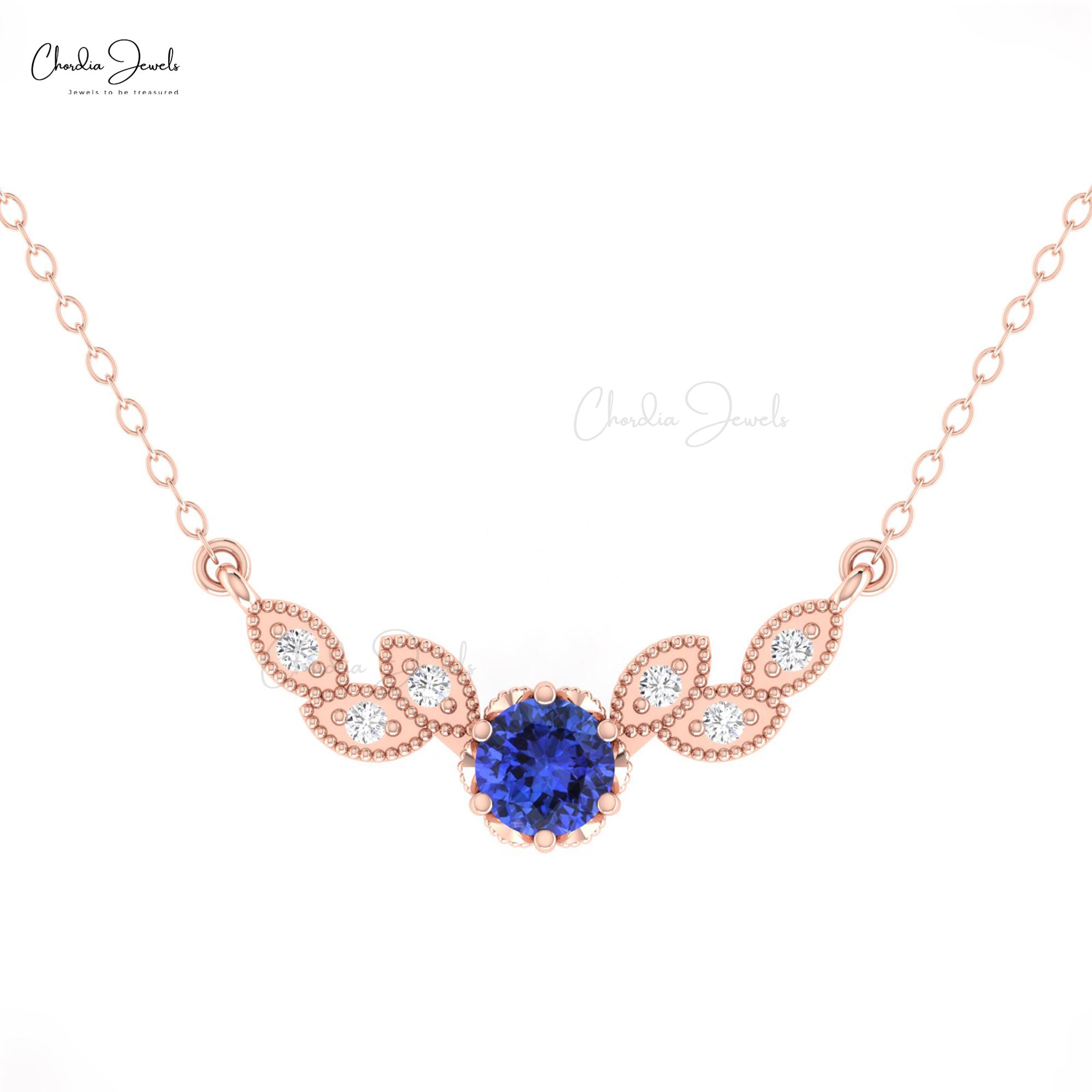 Miligrain Diamond Wings Necklace With 5mm Tanzanite 14k Solid Gold Chain Women Necklaces