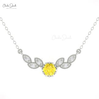 Floral 7 Stone Necklace In Real 14k Gold Yellow Sapphire 0.45 Ct Round And Diamond Jewelry