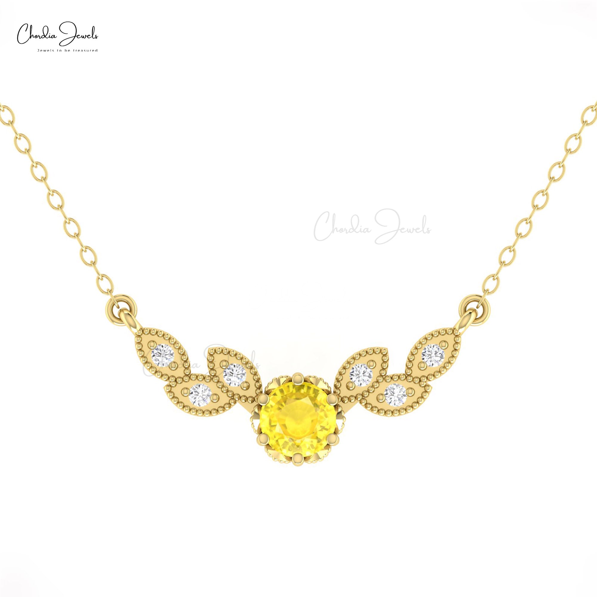 Floral 7 Stone Necklace In Real 14k Gold Yellow Sapphire 0.45 Ct Round And Diamond Jewelry