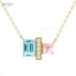 Gemstone Chain Necklace In 14k Real Gold Aquamarine And Rose Quartz Diamond Bar Necklaces