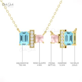 Gemstone Chain Necklace In 14k Real Gold Aquamarine And Rose Quartz Diamond Bar Necklaces