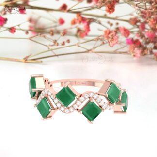 Half Eternity 6 Stone Ring With 4mm Emerald Gemstone And Diamond 14k Solid Gold Rings