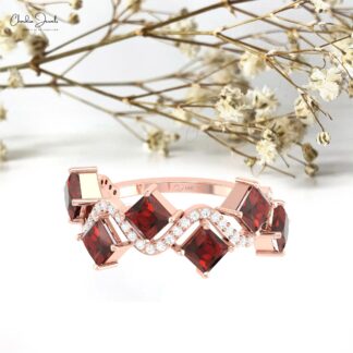 Cluster Diamond Ring In Solid 14k Gold Red Garnet 4mm Square Cut Half Eternity Rings